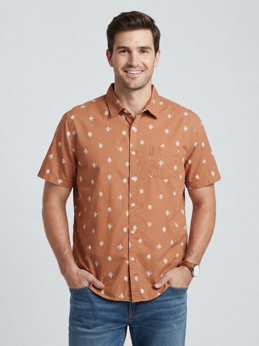Arizona Jean Co Mens 2XL Cactus Print Short Sleeve Button Down Shirt Brown